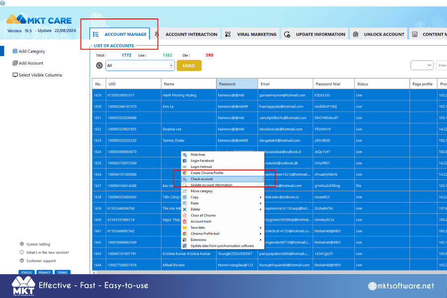 Check live/die status of Facebook accounts