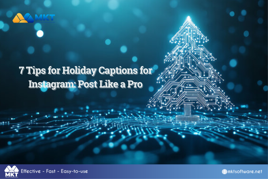 A professional digital marketer planning festive content with high-converting holiday captions for Instagram on a laptop.