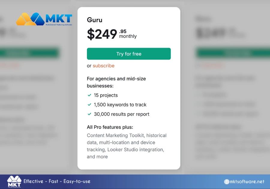 SEMrush pricing - Guru Plan